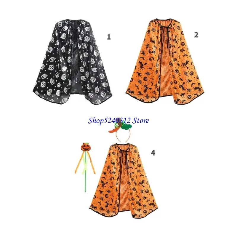 

634C Witch Costume Accessories Pumpkin Witch Cloak Cape Wizard Hat Broom Magics Wand Headband for Halloween Cosplay Party