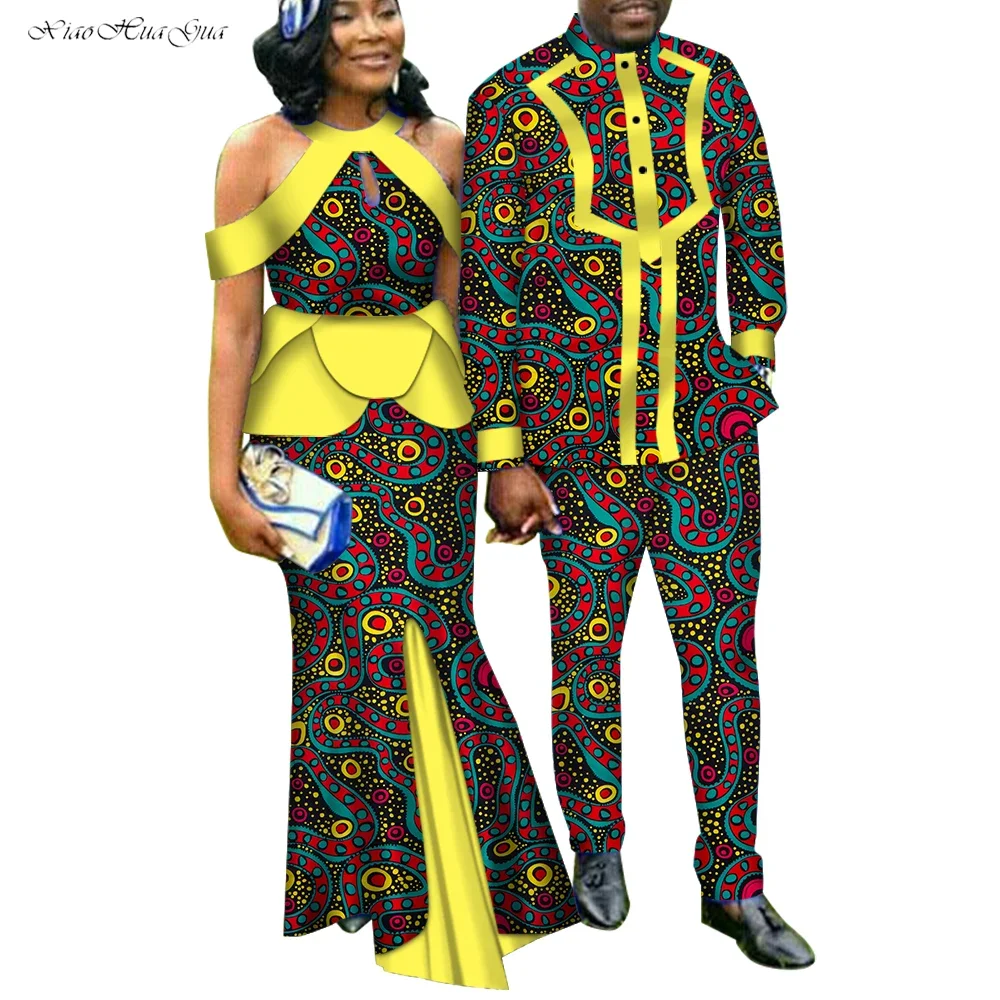 Two Piece Set African Couple Clothing Print Dashiki Lovers Men's Suit Women's Party Dress Skirts Tops Set Dress WYQ188