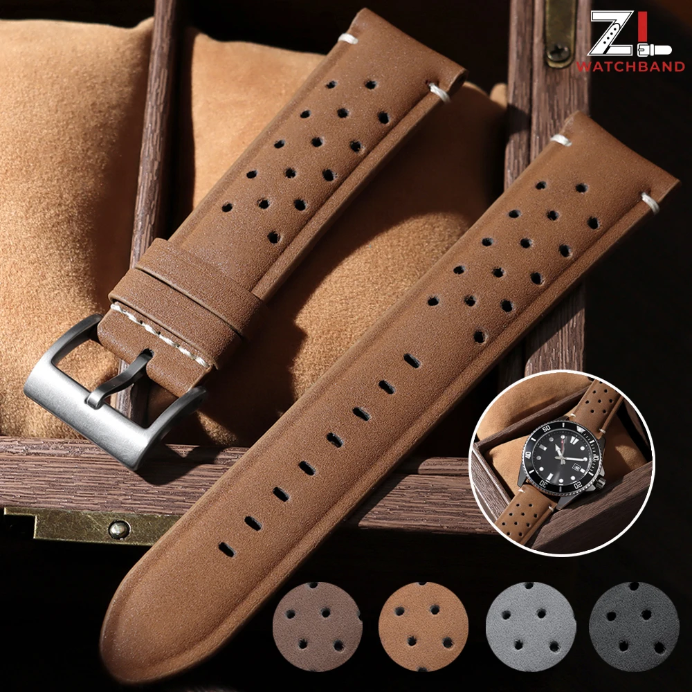 Bracelets de montre en cuir mat vintage 18mm 20mm 22mm, bracelet en cuir de course gris, noir, marron, poreux et respirant pour homme, compatible Seiko