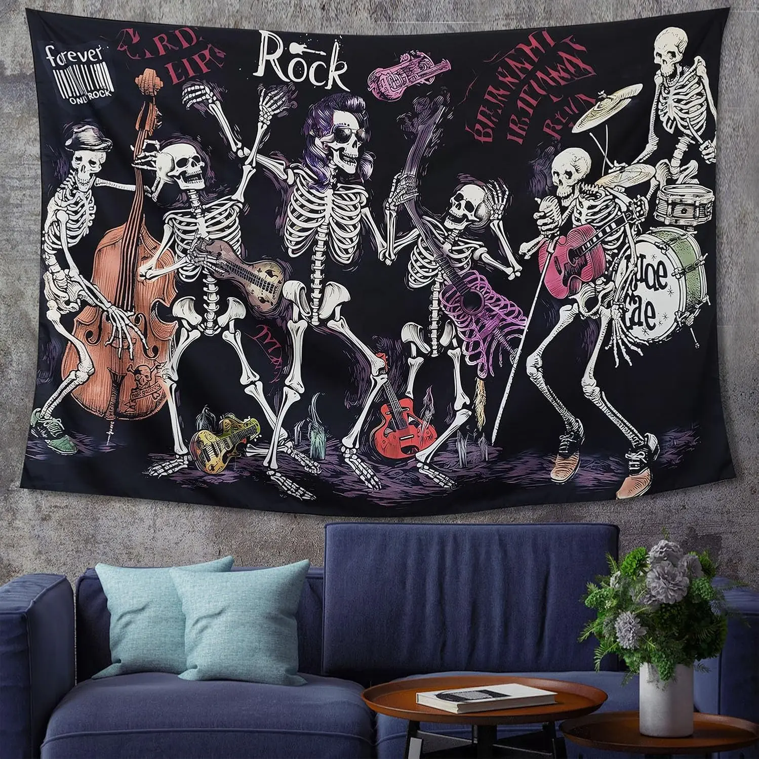 Vintage Rock Skeleton Tapestry, Colorful Design with Skeleton Band Playing Drums, Guitars and Bass for Grunge Room Decor