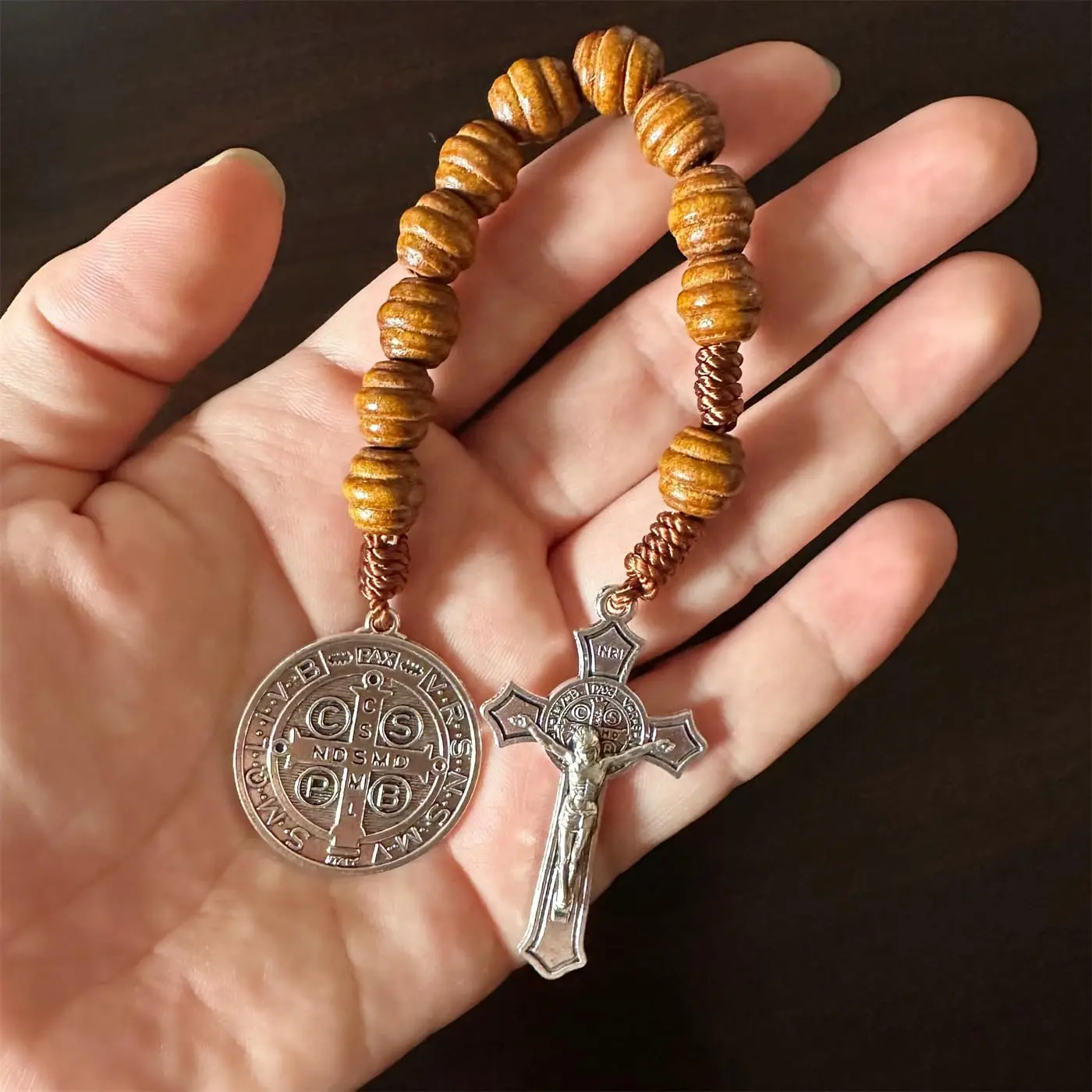 Saint Benedict Rosary Necklace 9 Inch Wood Beads Medal Prayer Pocket Catholic Brown Medalla De San Benitol Crucifix K10111