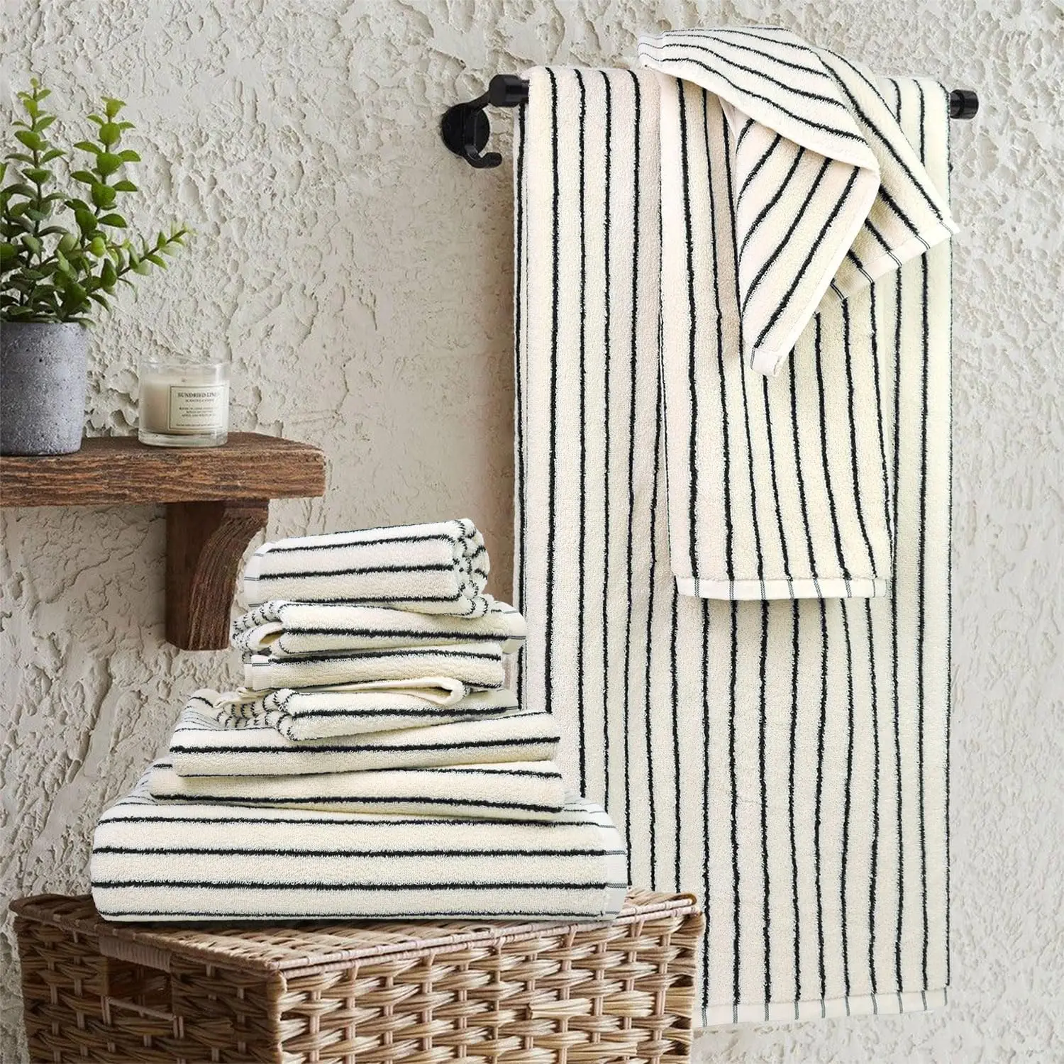 8 Piece Black and Ivory Towel Set, Super Soft & Absorbent Cotton Striped Towels for Bathroom Decor, 2 Bath, 2 Hand, 4 Washcloths