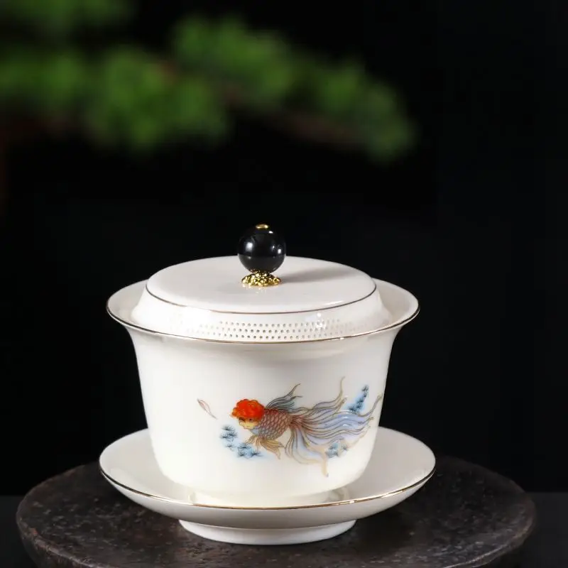 Jade-White Dehua Gaiwan with Built-In Filter Gold-Painted Fish & Lotus Tea Tureen for Pure Brewing Fortune Charms Every Cup