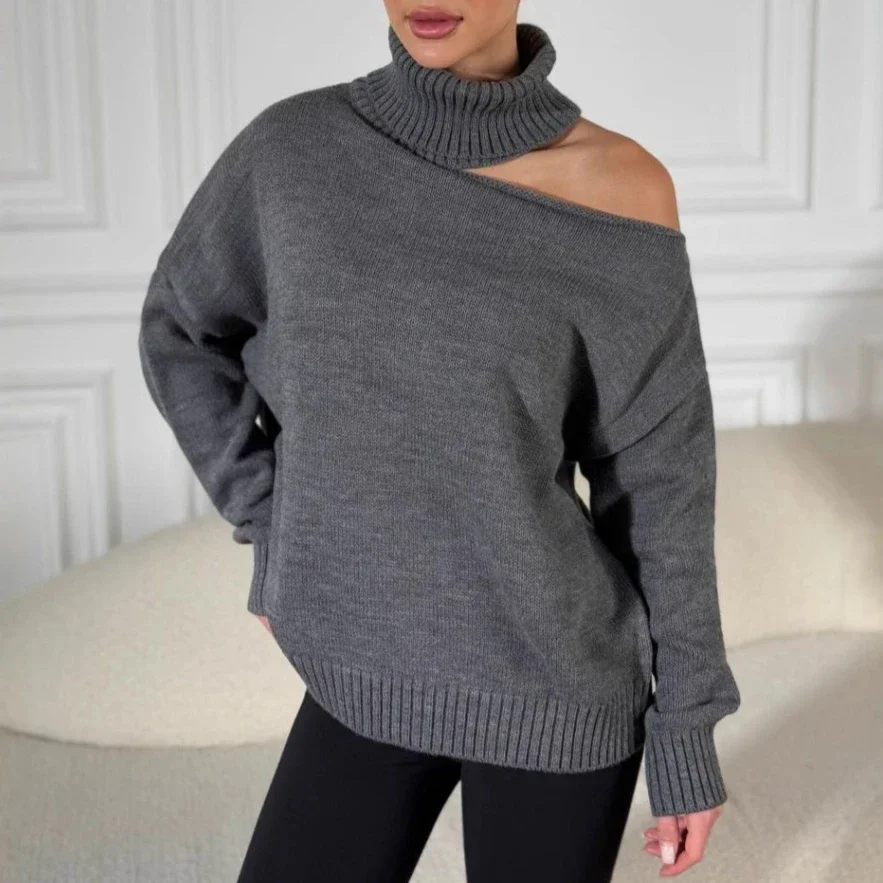 

2025 Women's Solid Color Sweater Turtle Neck Crochet Knit Top Loose Fit Breathable Pullover Elegant Basic Top for Fall Spring
