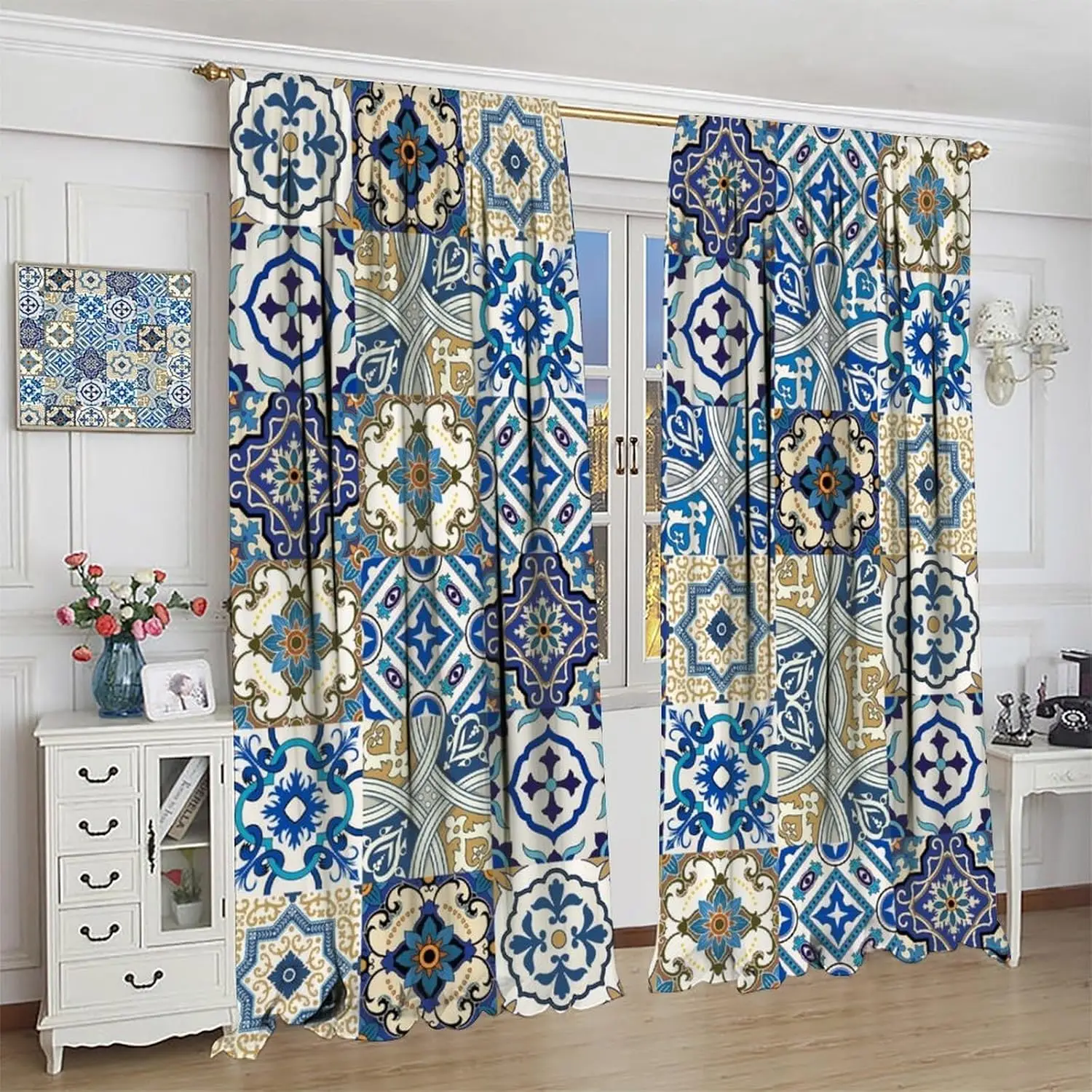 Colorful Rustic Tile Curtains,Traditional Mexican Abstract Pattern Ceramic Tile Rod Pocket Window Drapes,for Bedroom Living Room