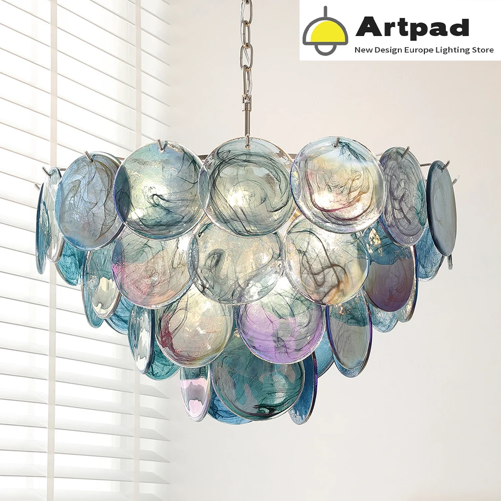 

Round Multi Tier Glass Chandelier Murano Modern Long Kithcen Lamp with Colorful Glass for Kitchen Table Living Room Bedroom