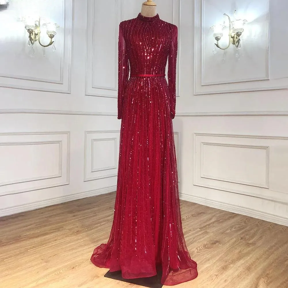 High-Grade Wine Red Muslim Luxury Evening Dresses Formal Wedding Dress Gowns A-Line Sparkle Beaded For Women’s Party فساتين سهرة