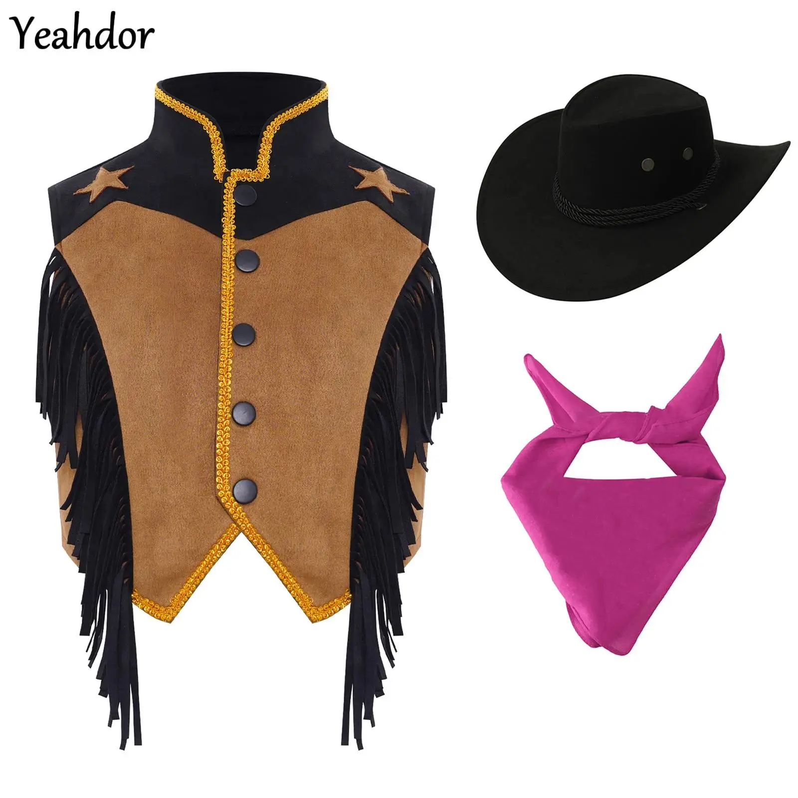 

Boys Girls Cowboy Tassels Waistcoat Fringed Vest Jacket with Hat Bandana Western Cowboy Costume Set Halloween Rave Party Clothes