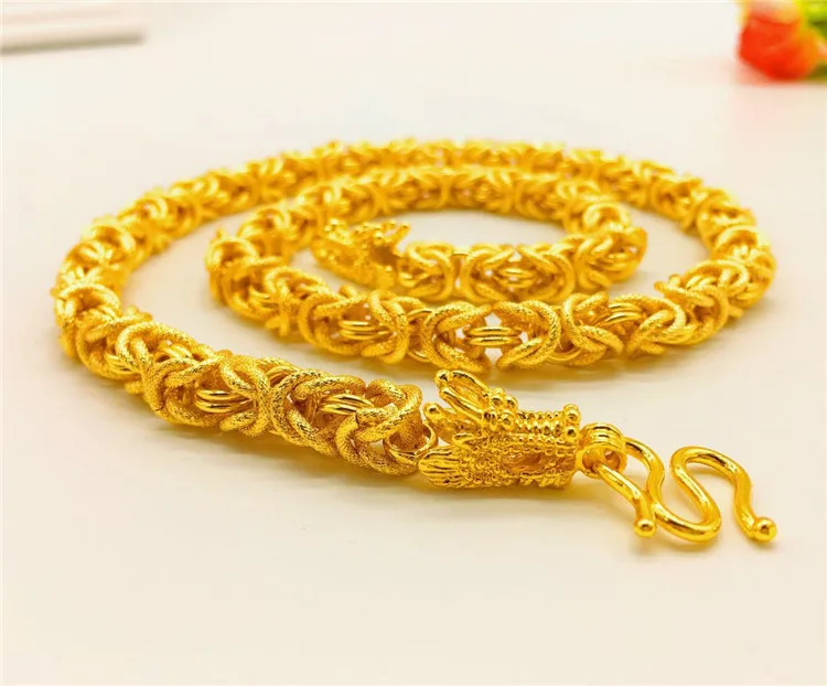 

24K Gold AU999 8MM Thick Men's Cloth Texture Dragon Chain - Vintage Ethnic Dragon Head + Cloth Chain, Scales Relief Craft