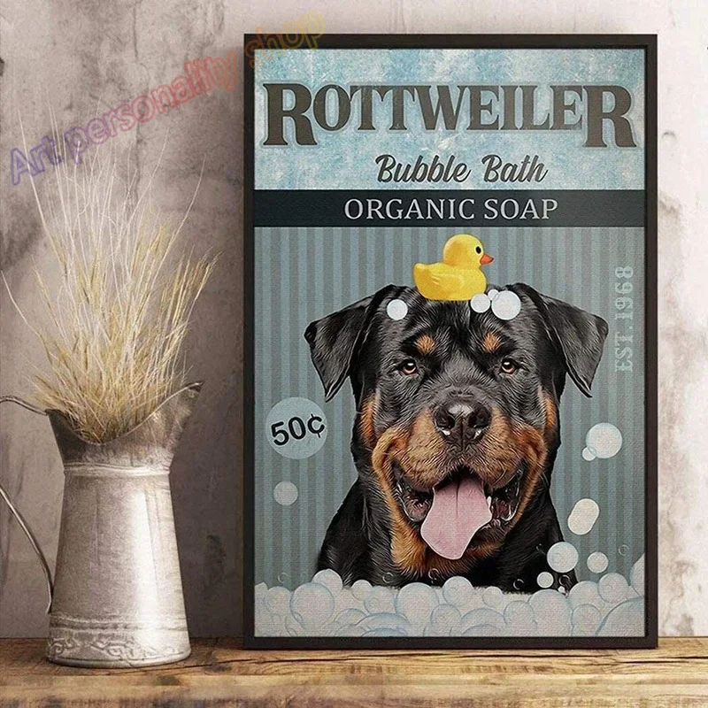 Rottweiler Dog Vintage Metal Sign Bubble Bath Organic Soap Plaque Bathroom Decor Home Decor Gifts for Dog Lovers 8x12 Inch