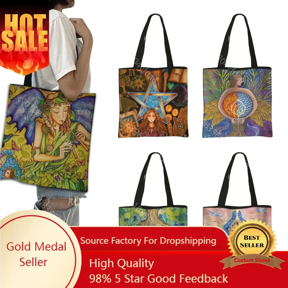 Oil Art Painting Shopping Bag Cute Animal Tote Bags Mysterious Women with Wings Handbag Yoga Women Shoulder Bags Book Bag