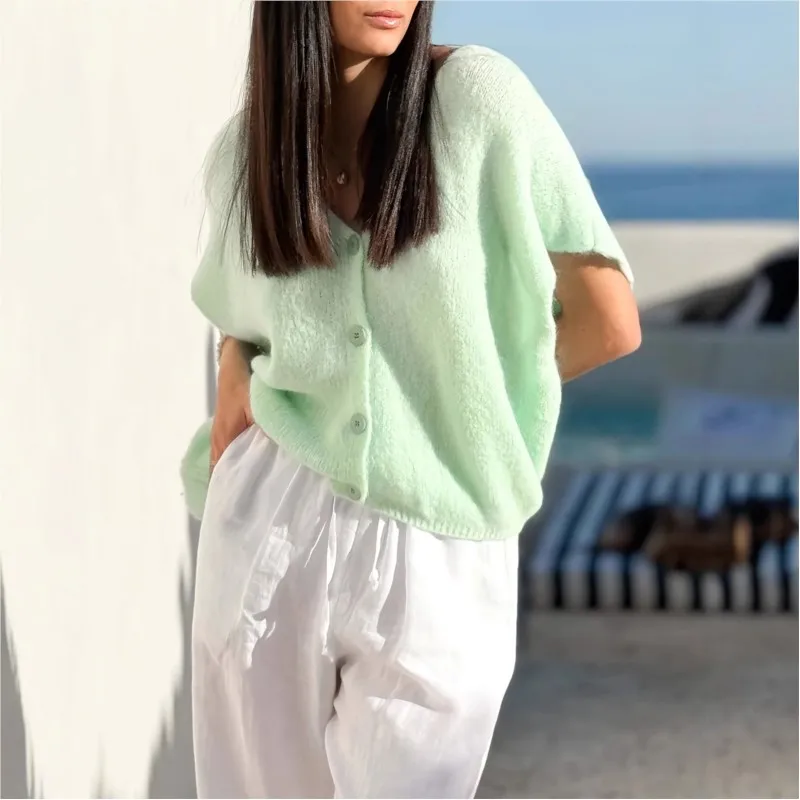 

Женский базовый свободный вязаный кардиган с короткими рукавами Y2K, однотонный легкий свитер на пуговицах с глубоким v-образным вырезом, уличная одежда, топ для отпуска