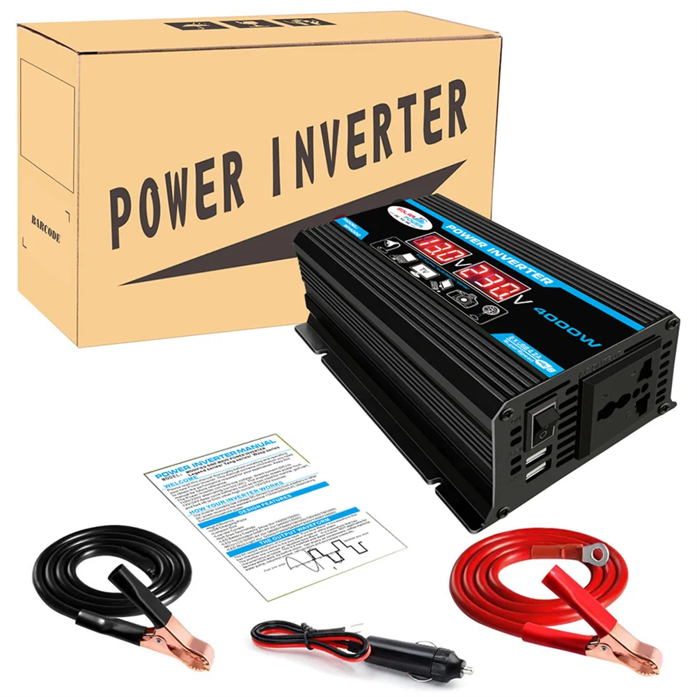 4000W Pure Sine Wave Car Power Inverter DC 12V to AC 220V 110V Voltage Transformer Dual USB Power Socket Converter for Car Home