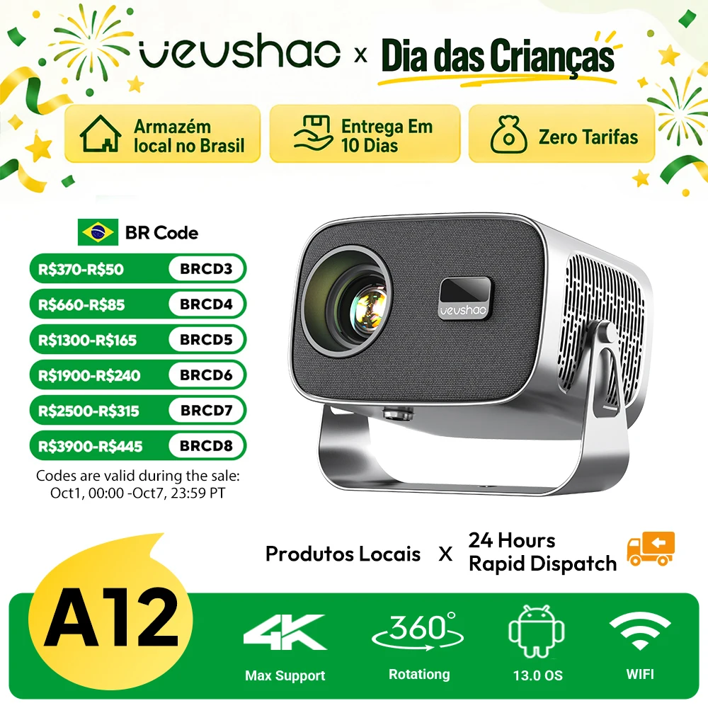 Vevshao a12 projetor mini portátil led vídeo android 13.0 wifi 6 espelho smartphone para 1080p 4k vídeo projetor de cinema em casa