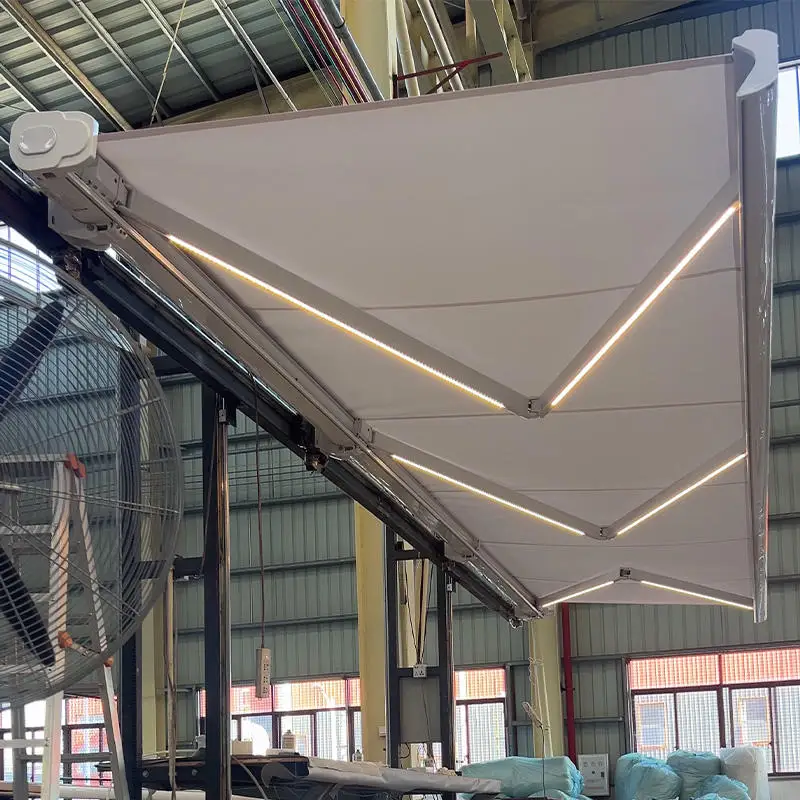 

Outdoor Electric Patio Awning with White Aluminum Frame Waterproof Fabric Sunshade Large Sized Durable Commercial Awning