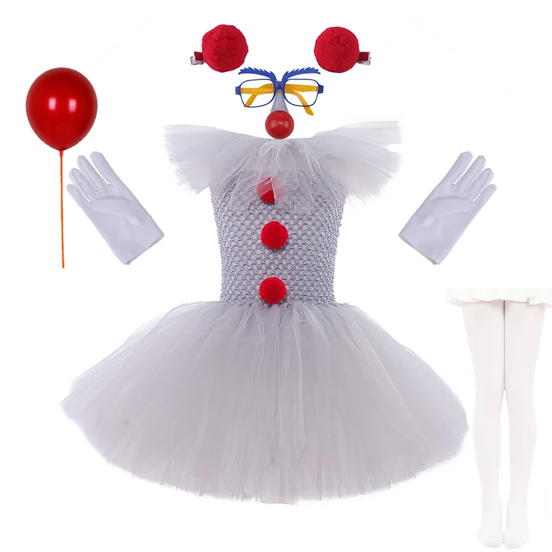 Halloween Costume For Kids Gray Joker Girls Tutu Dress Kids Cosplay Scary Clown Costume Children Carnival Party Dress Up 2-12Yrs