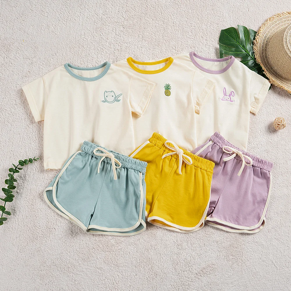 Summer Kids 2pcs Tracksuits Rabbit Embroidery Baby Boy and Girl Clothing Suits Short Sleeve T-shirt and Shorts Children Outfits