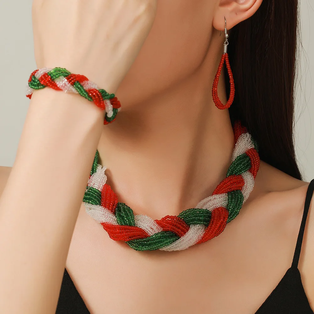 Meetvii Exaggerated Christmas Red Green Beads Jewelry Set Handmade Woven Necklaces Bracelets Earrings Mixed Match Jewelry