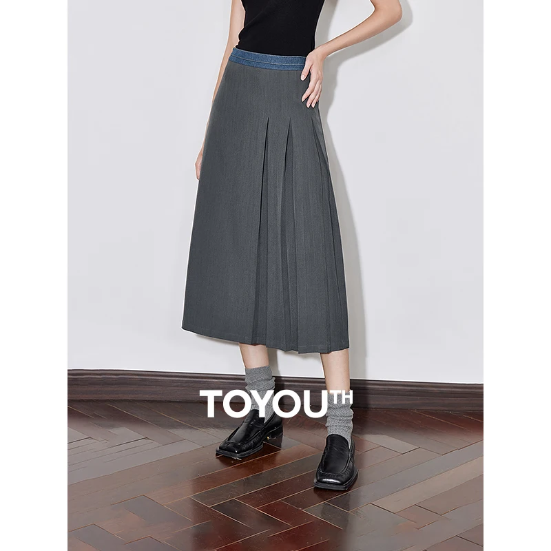 

TOYOUTH Women Skirt 2024 Autumn New Pleated Mid Ankle Length Skirt Gray