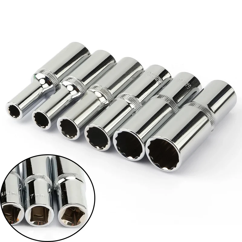 6Pcs 12 Point 1/2 Inch Drive Deep Sockets Set 78mm Length Metric Mirror Socket for Wrench Cr-V Steel 8 10 12 14 17 19mm