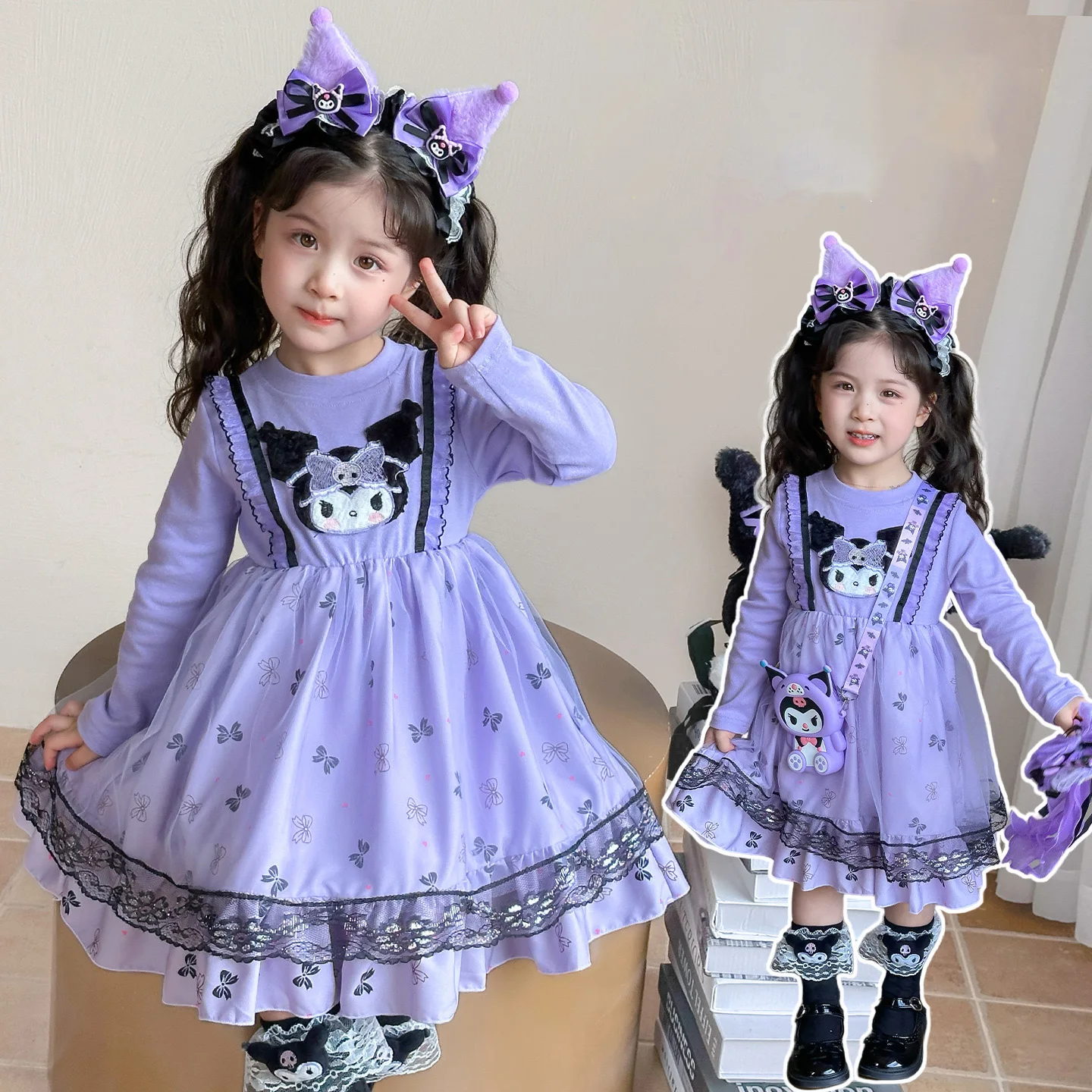 

Anime Kuromi Girls Mesh Princess Dress Lace Party Dress for Kid Slong Sleeves Ruffled Tutu Skirt Costume Outfit for Festival