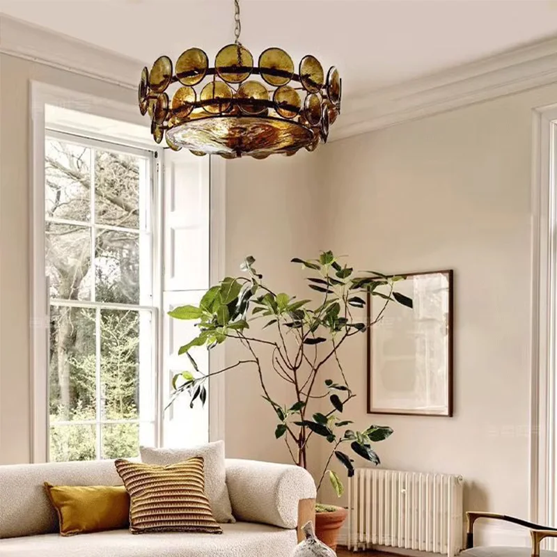 

French retro design brown glass lamp living room lamp American minimalist bedroom light luxury dining room chandelier