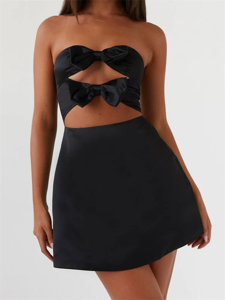 CHRONSTYLE فستان نسائي بدون حمالات أنيق بفيونكة مرقعة بدون ظهر فستان قصير لحفلات الكوكتيل والشاطئ ملابس الشارع 2025