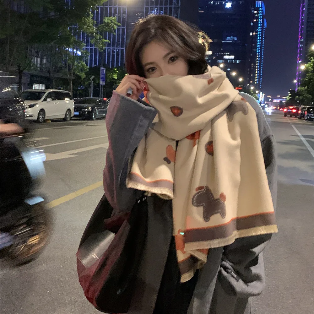 

Cartoon Horse Print Scarves Women Winter Bufanda Scarf Cashmere Blend Echarpe Hiver Femme Luxury Pashmina Soft Muffler