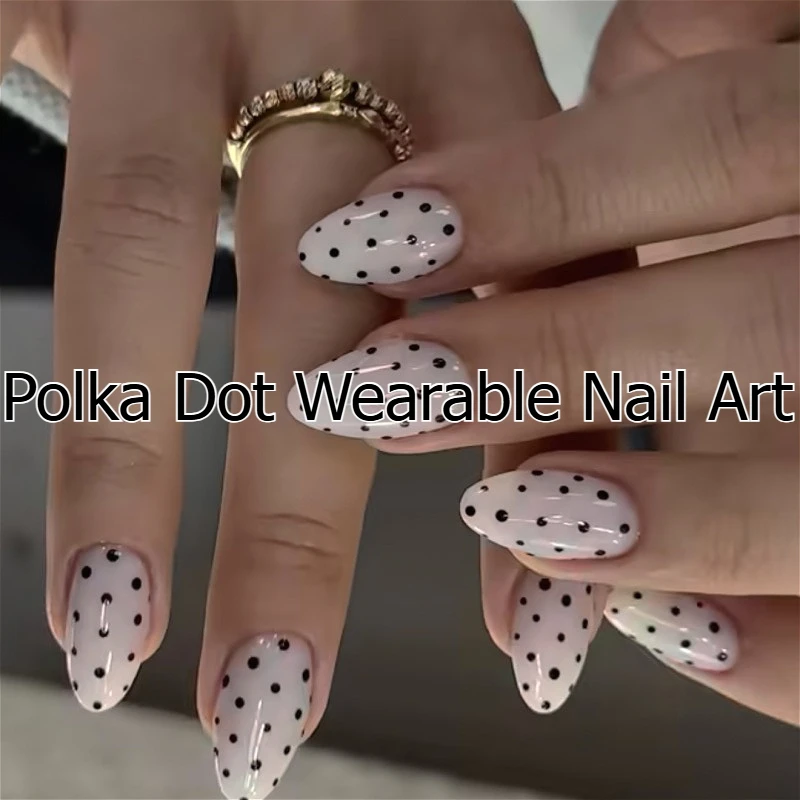 

Simple Black Polka Dot Wearable Nail Art Chic Round Dot White Almond Fake Nails Detachable Finished False Nails Press on Nails