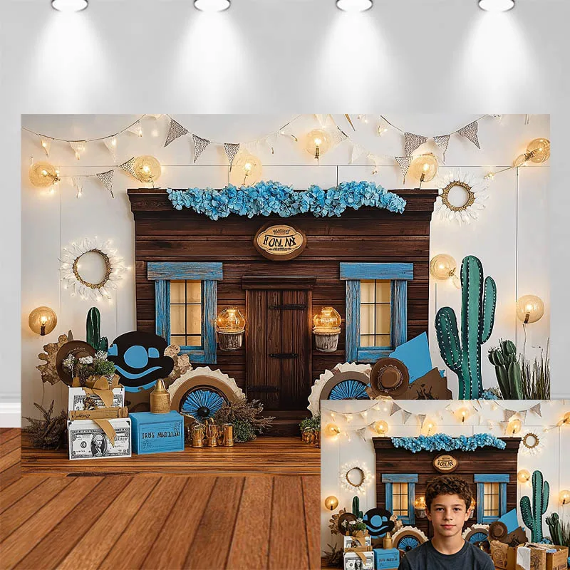 LS Photography Backdrop Cabin Window Cacti Cardboard Box Decor Birthday Cake Smash Baby Shower Kids Portrait Photo Background