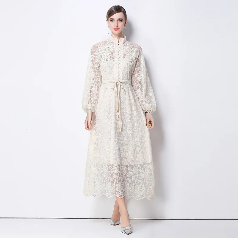 الرجعية طويلة الدكتور المطرزة العمل الثقيل للذوبان الدانتيل تنوعا عالية الخصر ثوب لجميع المواسم الصينية Sle المرأة Faion #2