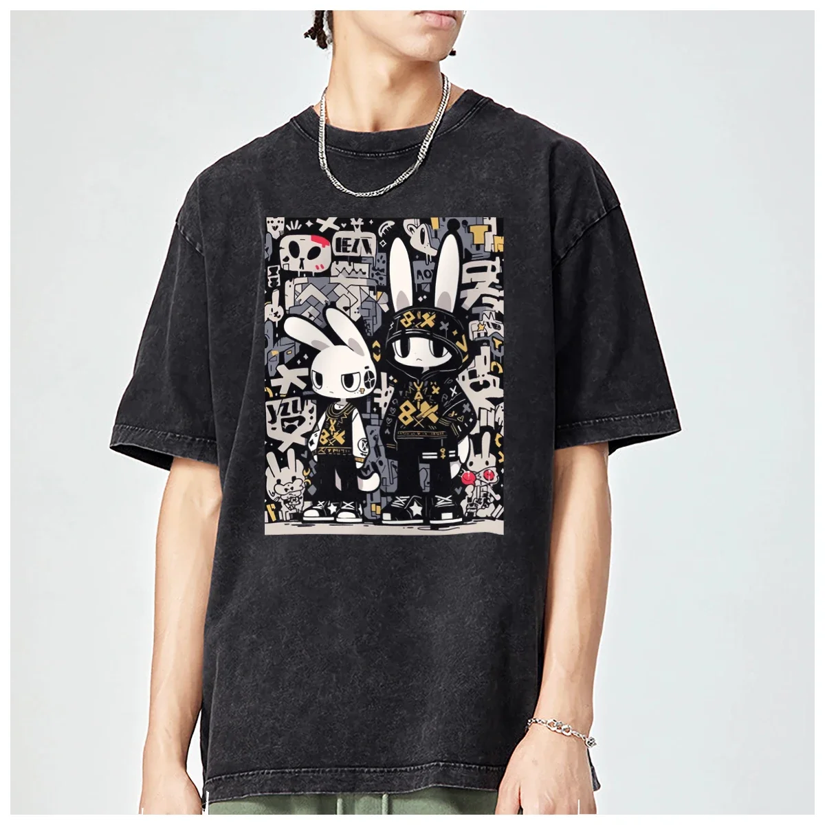 American Graffiti Couple Rabbit Hiphop retro Y2K Oversized men t shirt and women Fashion Casual Vintage Washed Cotton Breathable