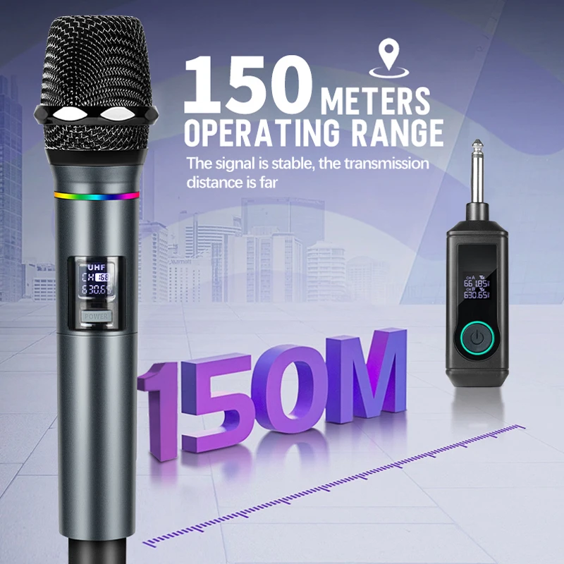 FUHAM ميكروفون لاسلكي 2-قناة RGB تأثير الضوء ميكروفون لاسلكي محمول نظام ميكروفون الكاريوكي مناسبة للحفلات