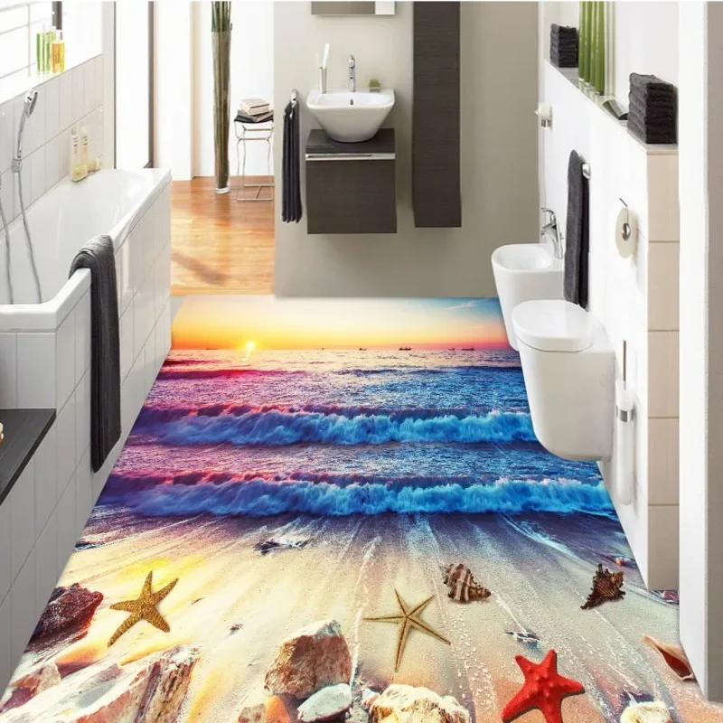

beibehang Sunset Beach Waves Starfish non-slip waterproof self-adhesive sticker paint bathroom wallpaper for walls 3d wall paper