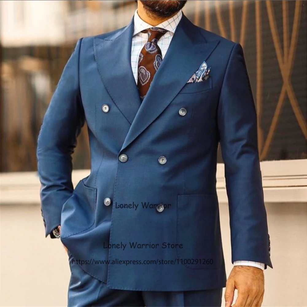 

Classic Navy Blue Men Suit Double Breasted Formal Business Blazer Slim Fit Banquet Tuxedo 2 Piece Set Costume Homme Jacket Pants