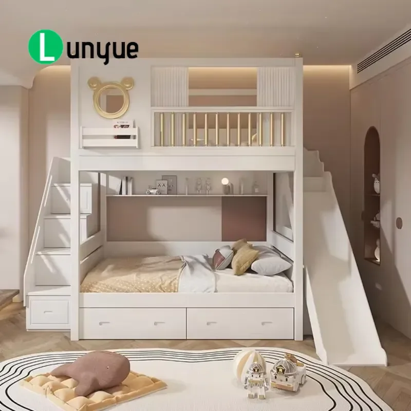 Modern Wooden Bunk Bed with Slide Double Top Loft Design Comfortable Unisex Width for Nursery Living Room Space Saving