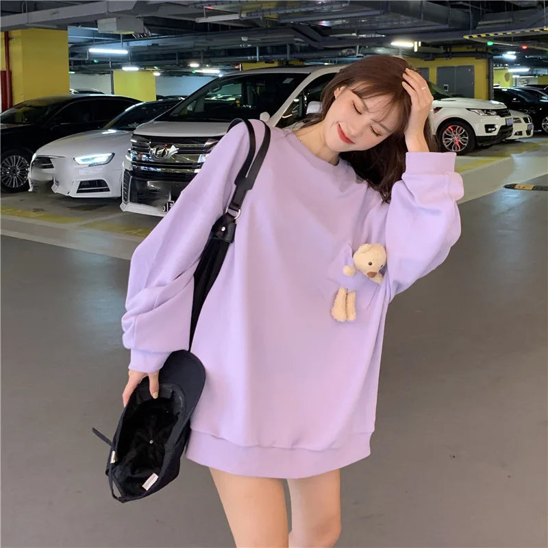 Women Loose Long Sleeve Sweatshirt Pocket Bear Thin Spring 2025 Summer Fashion Student Casual Outerwear Coat Korean Style Top