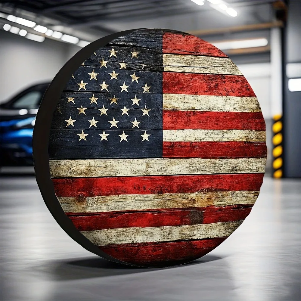 Rustic American Flag Tire Cover Polyester Outdoor Adventure Jeep SUV Spare Wheel Protector