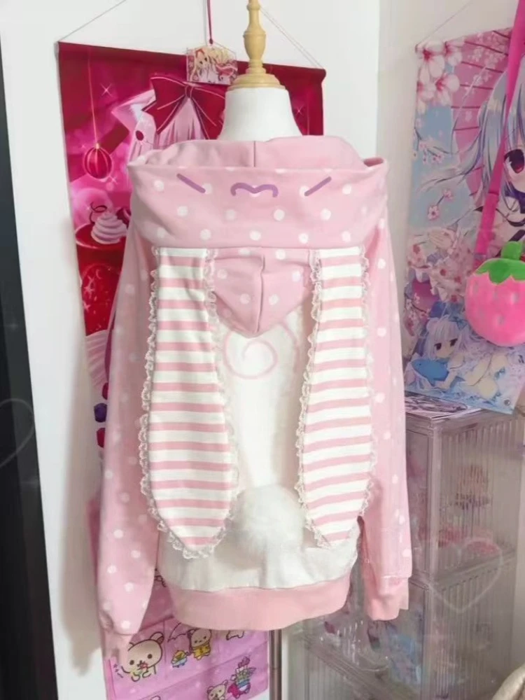 Японская толстовка в полоску Kawaii с принтом кота, женское плюшевое пальто на молнии, зимнее свободное пальто с капюшоном и длинными рукавами, милое пальто в горошек