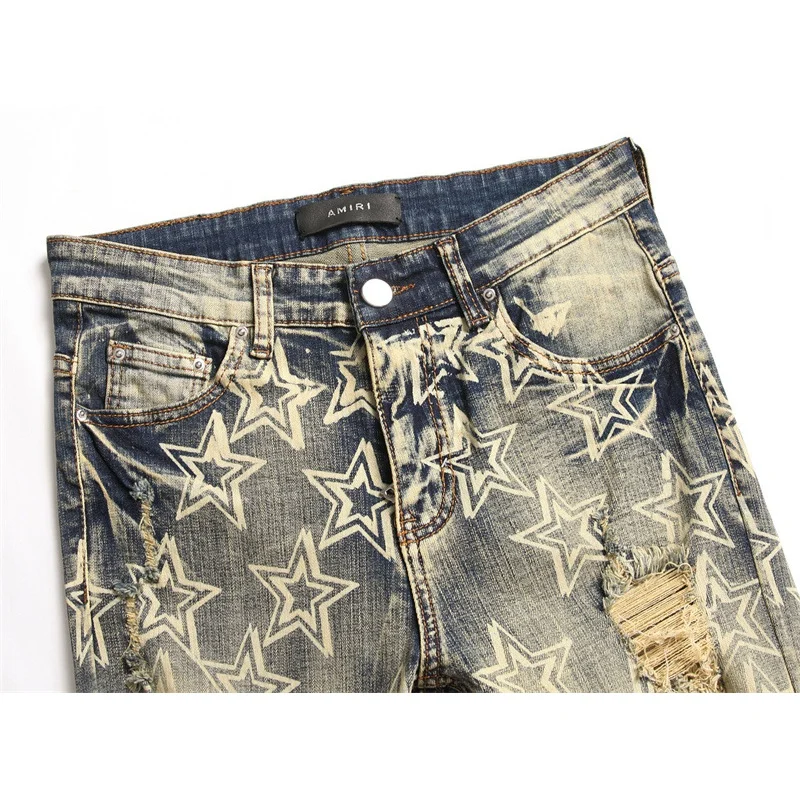 American Retro Printed Jeans Men's Ripped Street Trend Stretch Slim Fit Skinny Pants High-End Motorcycle Men's Clothing