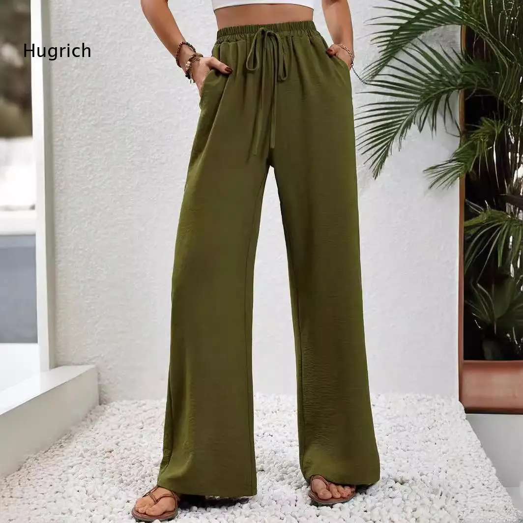 Soft Skin Friendly Textured Wide Leg Trousers Drawstring Waist Loose Pants Ideal For Shopping Trip Daily Leisure Daily Outfits