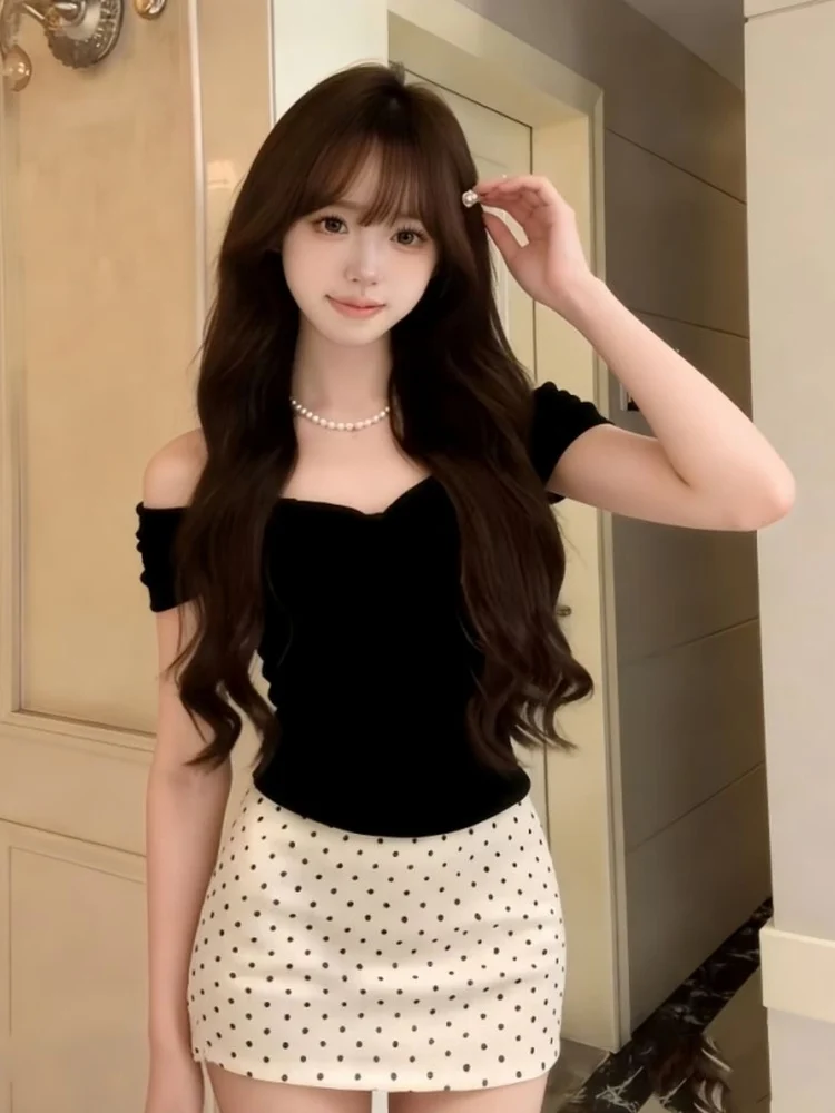

Summer Fashion Sweet And Spicy Style Women's Short Halter Top And Polka Dot Skirt Two-Piece Set Breathable Short Sleeve ...