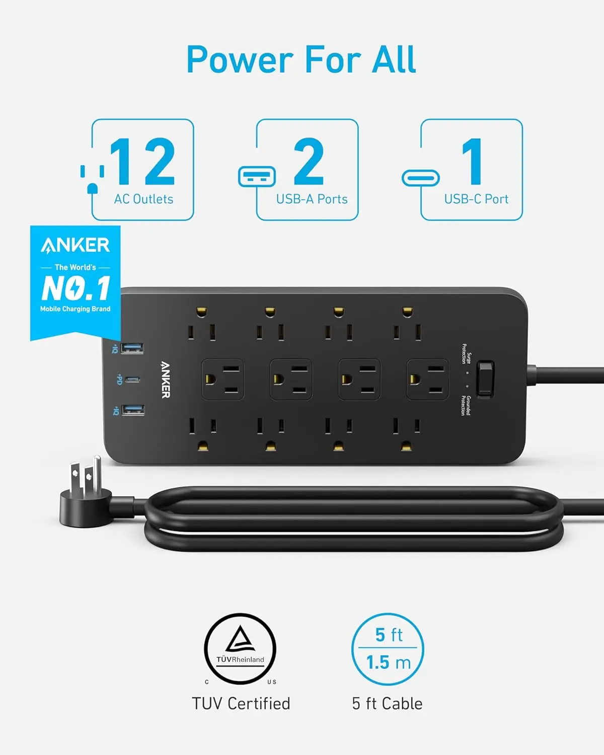 2025 USA (Pack of 2) Surge Protector Power Strip (2100J), 12 Outlets w/ 1 USB C & 2 USB Ports  5feet Extension Cord, Flat Plug,