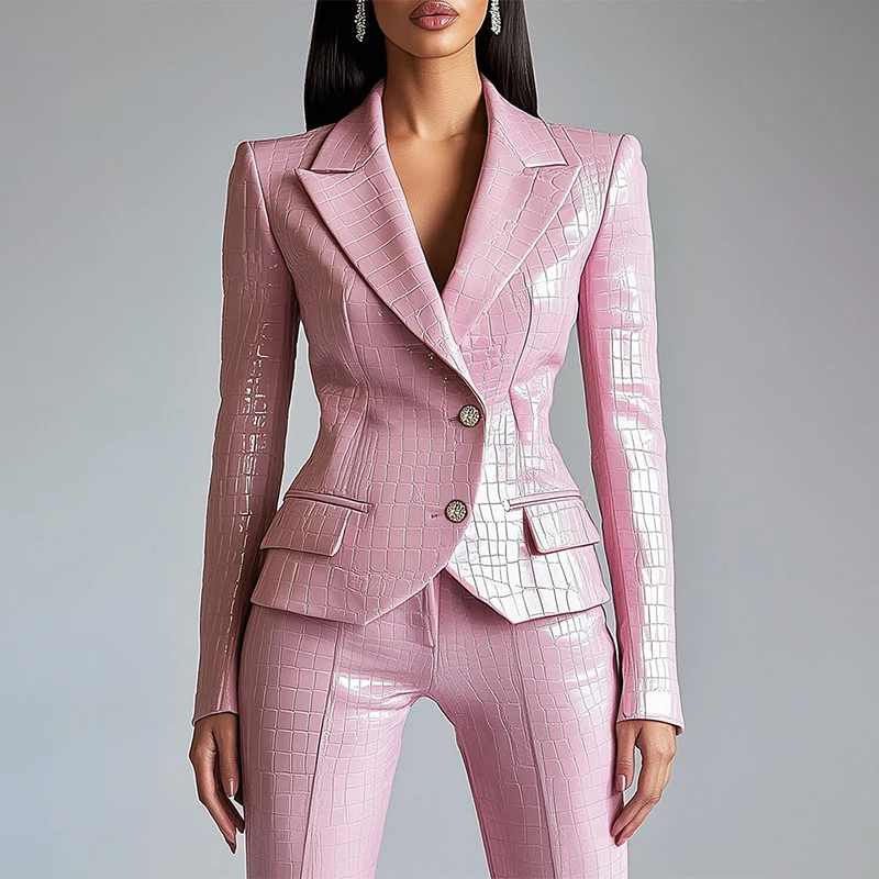 

Women Alligator Pattern PU Leather Suit Blazer Single-Breasted Peak Lapel Collar Long Sleeve Slim High Street Business Blazer