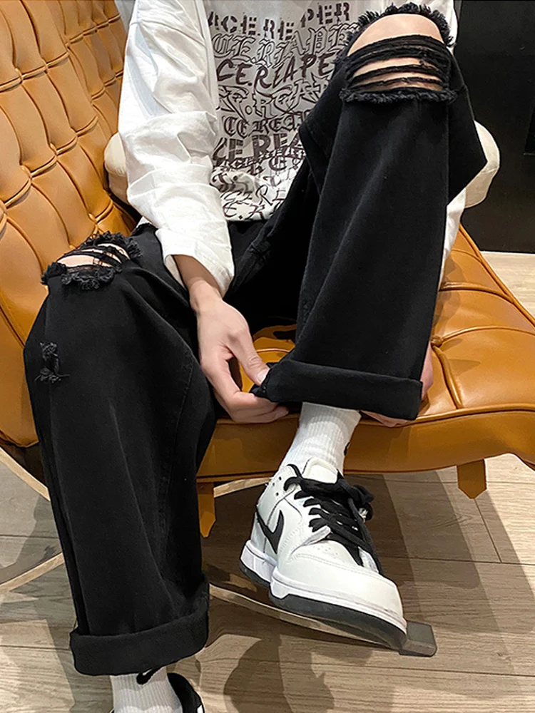 

Men's Loose Straight Leg Jeans Knee Hole Ripped Black Wide Leg Pants Spring Autumn High Street Style Youth Fashion Casual Jeans