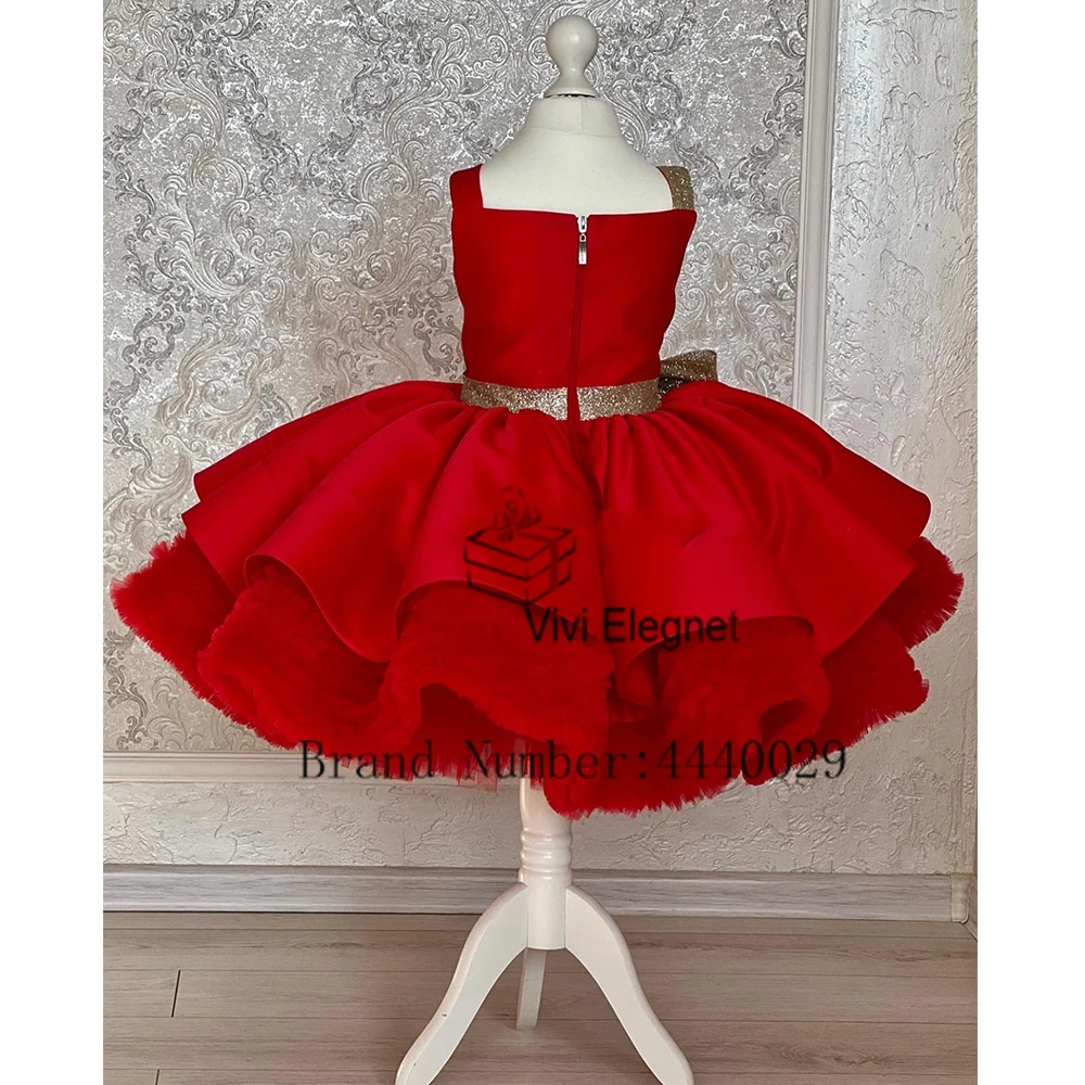 2024 Charming Red Flower Girls Dresses with Cchampagne Bow Summer Sleeveless Knee Length Christmas Gowns for Princess Satin New