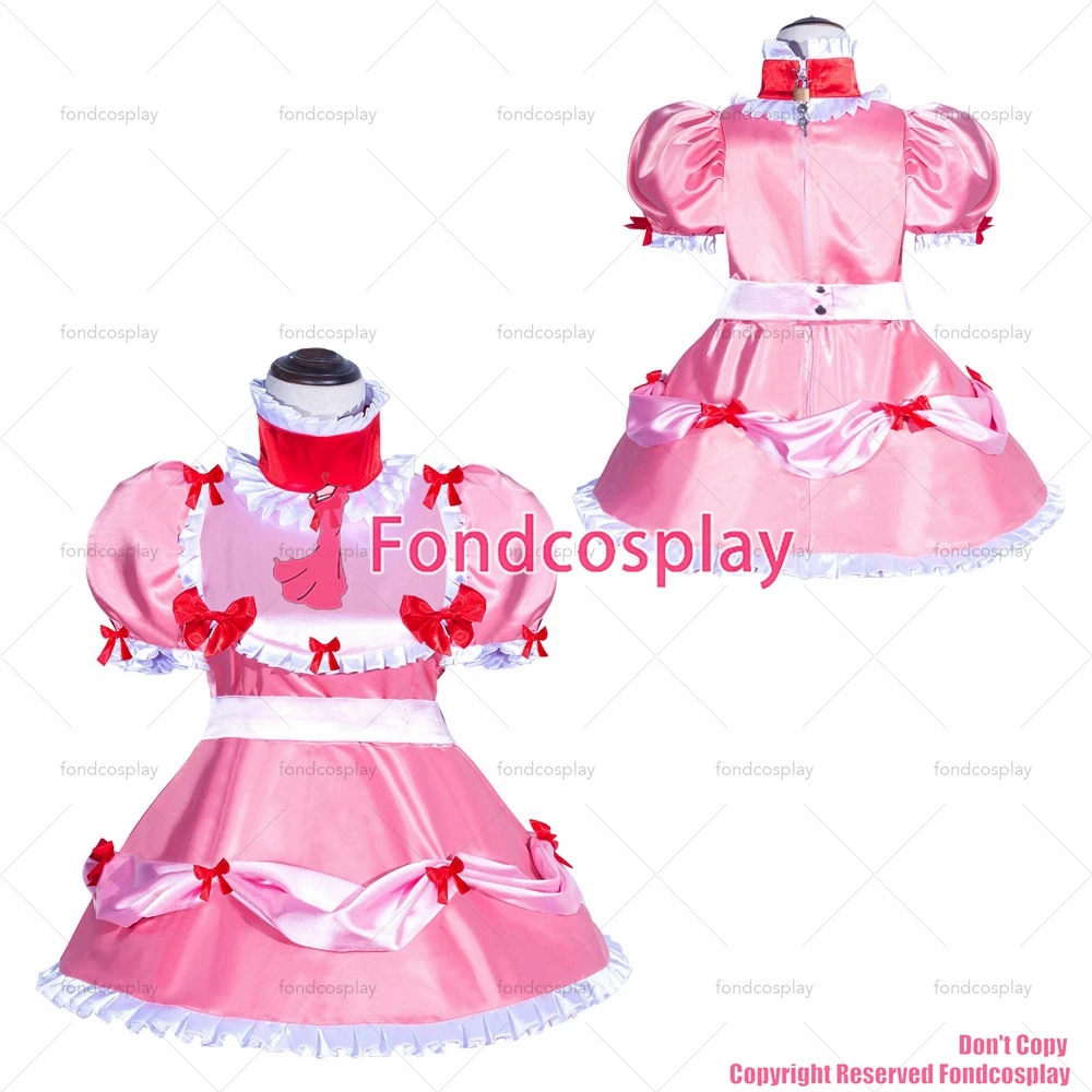 fondcosplay adult sexy cross dressing sissy maid short French Lockable Pink Satin Dress Uniform Costume CD/TV[G3998]