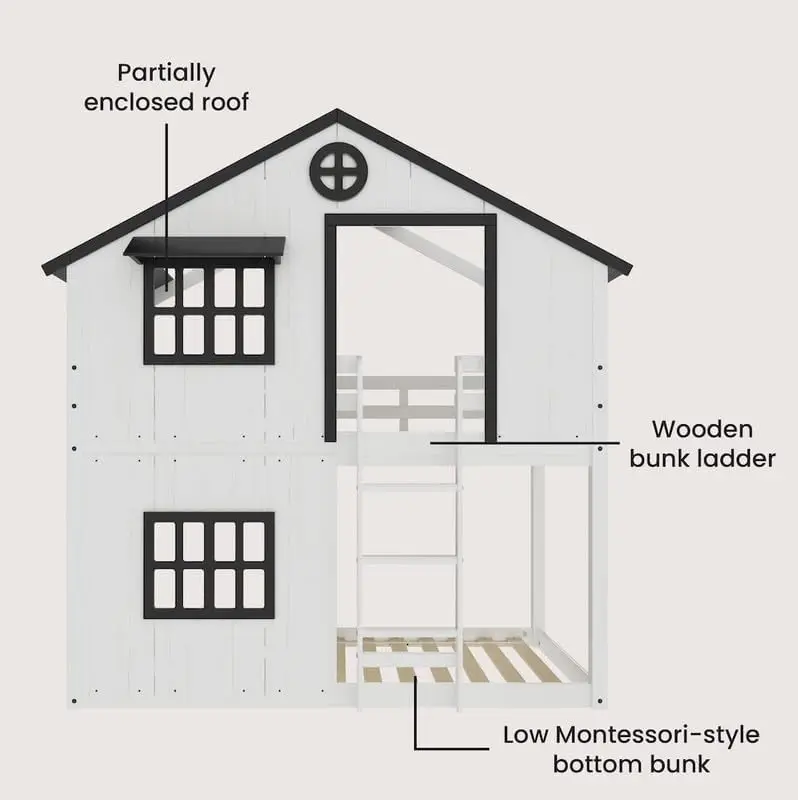 Child Craft Modern Farmhouse Twin Over Twin Etagenbett für Kinder, niedriges Montessori-Etagenbett aus Holz, leicht zugängliche Leiter auf der Oberseite