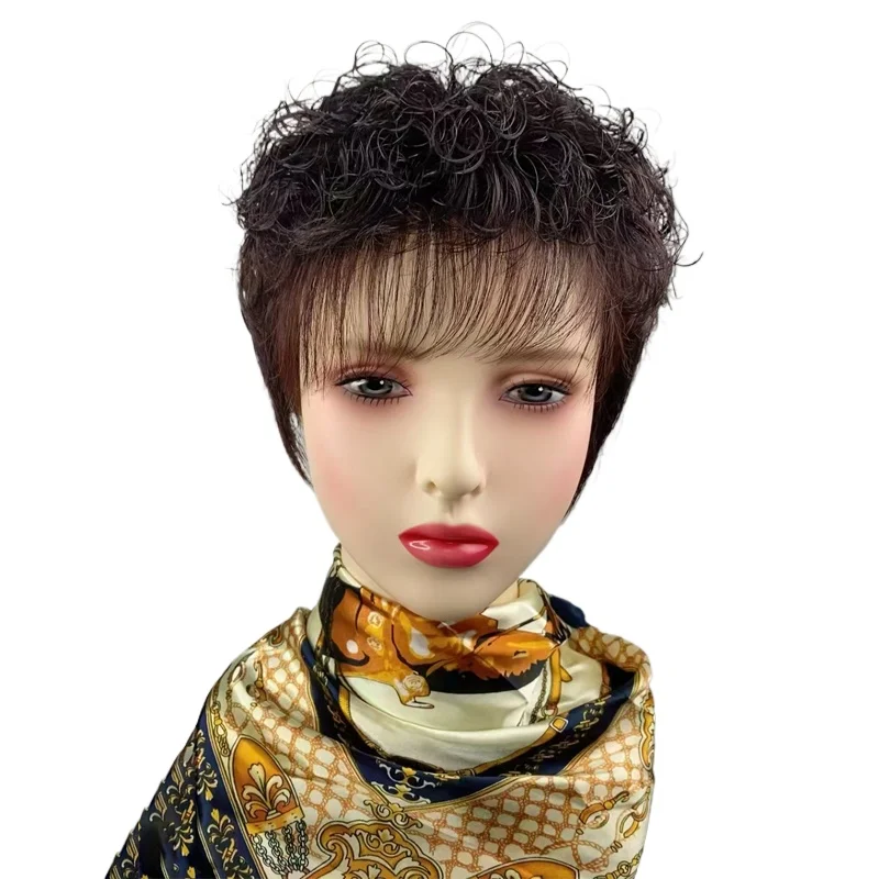 

Короткий вьющийся парик из человеческих волос для азиатских женщин среднего и пожилого возраста, парик с шелковым верхом, натуральный, реалистичный, дышащий, 3 цвета, для повседневного использования