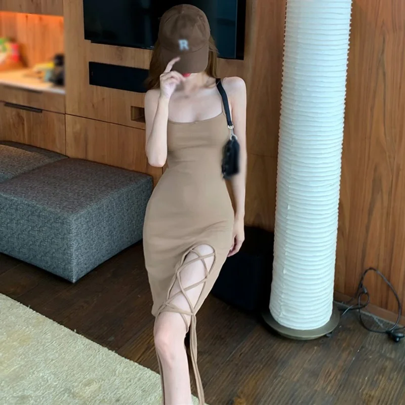 Women's Fashion Split Bandage  Sleeveless Sling Dresses Slim Fit Sexy Slit Strap Dress